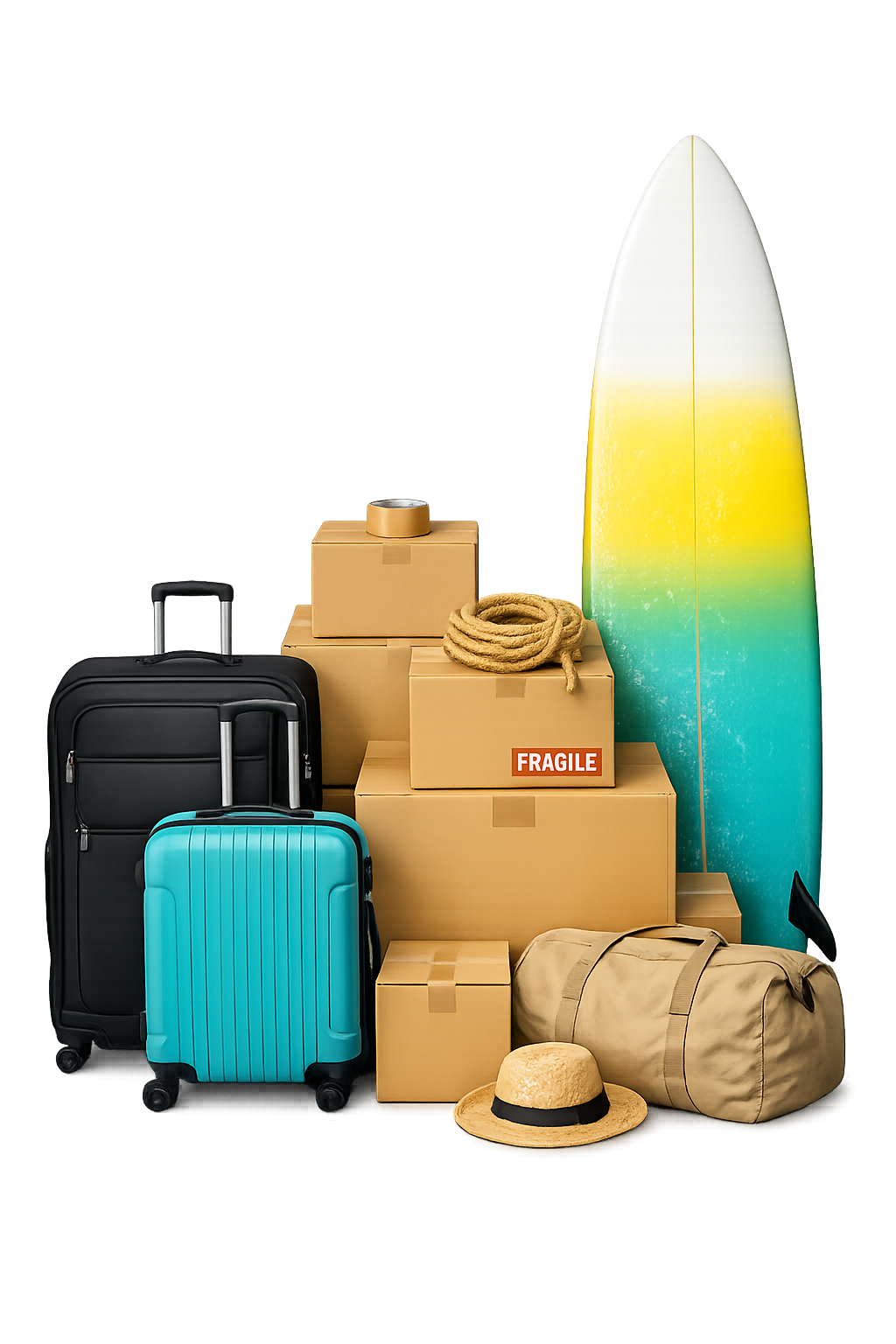 Suitcases, packing boxes, duffel bag, hat and surfboard